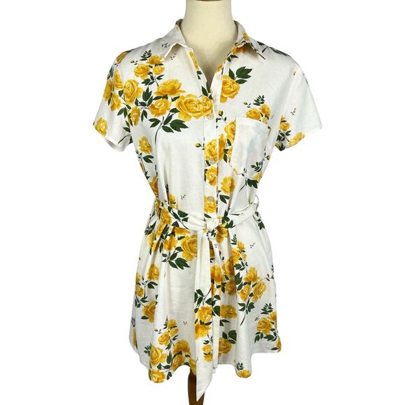 L’Academie Revolve Kendra Yellow Rose Floral Belted Mini Shirt Dress Small - Picture 1 of 11